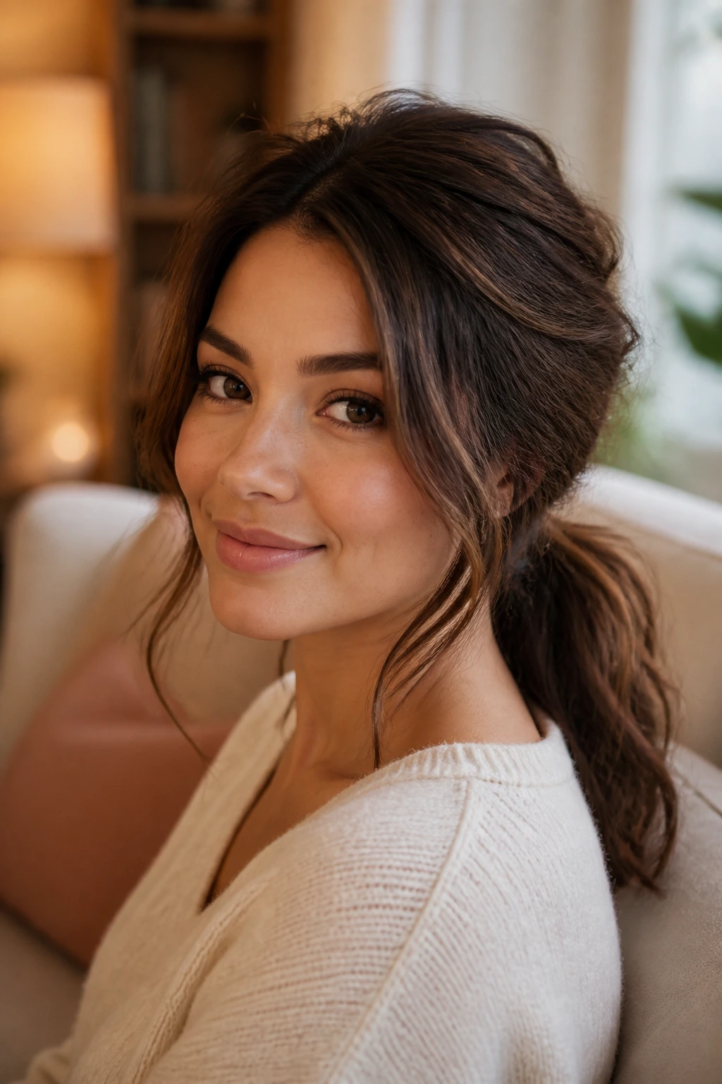 Close-up of a loose low ponytail with volume at the temples on a real woman.