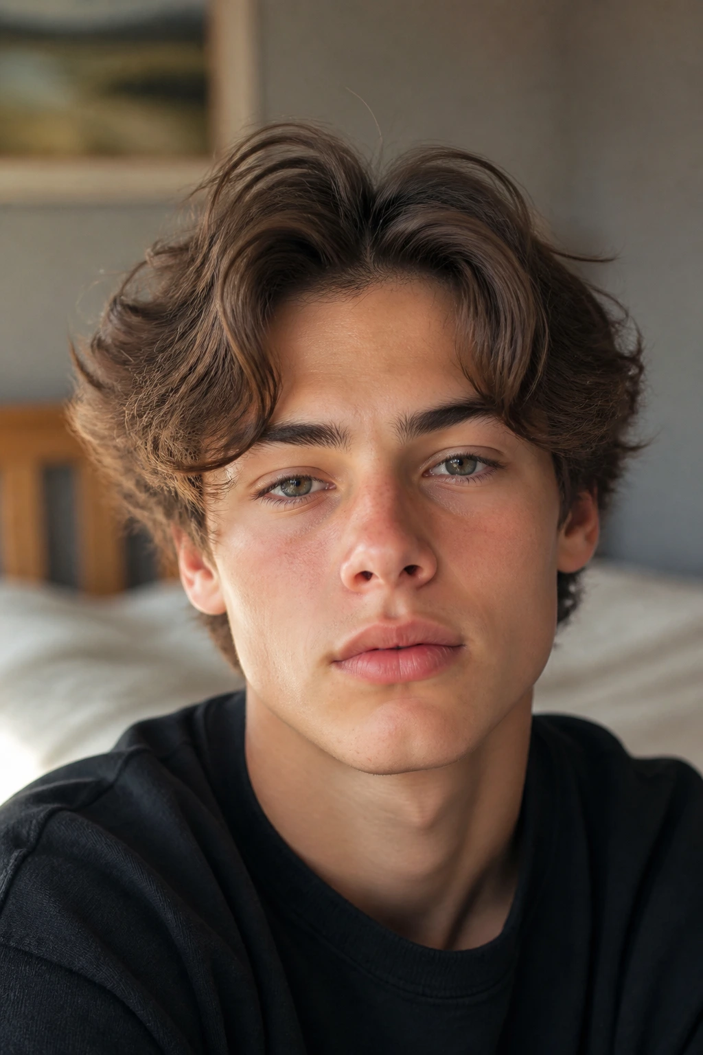 Close-up of a real boy with a loose middle part hairstyle in a warm room