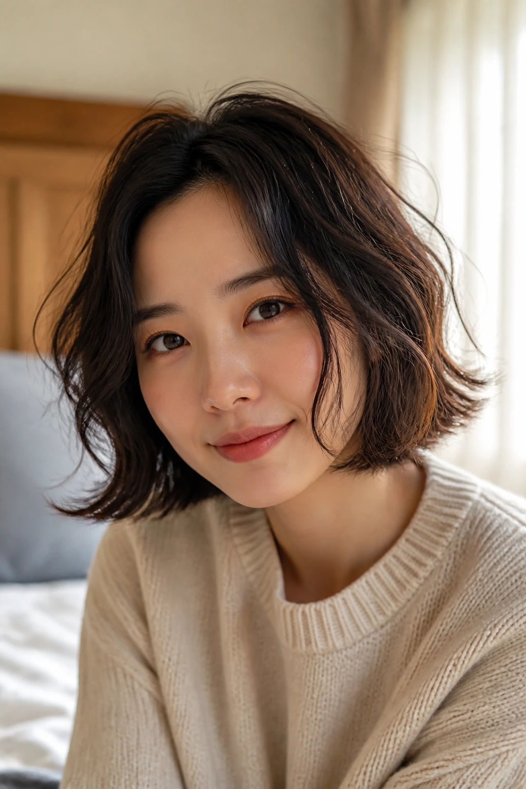 Close-up portrait of a real woman with a loose perm bob and soft waves