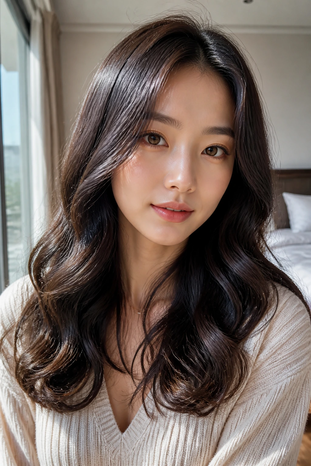 Close-up of a woman with loose perm waves and glossy finish in natural light.