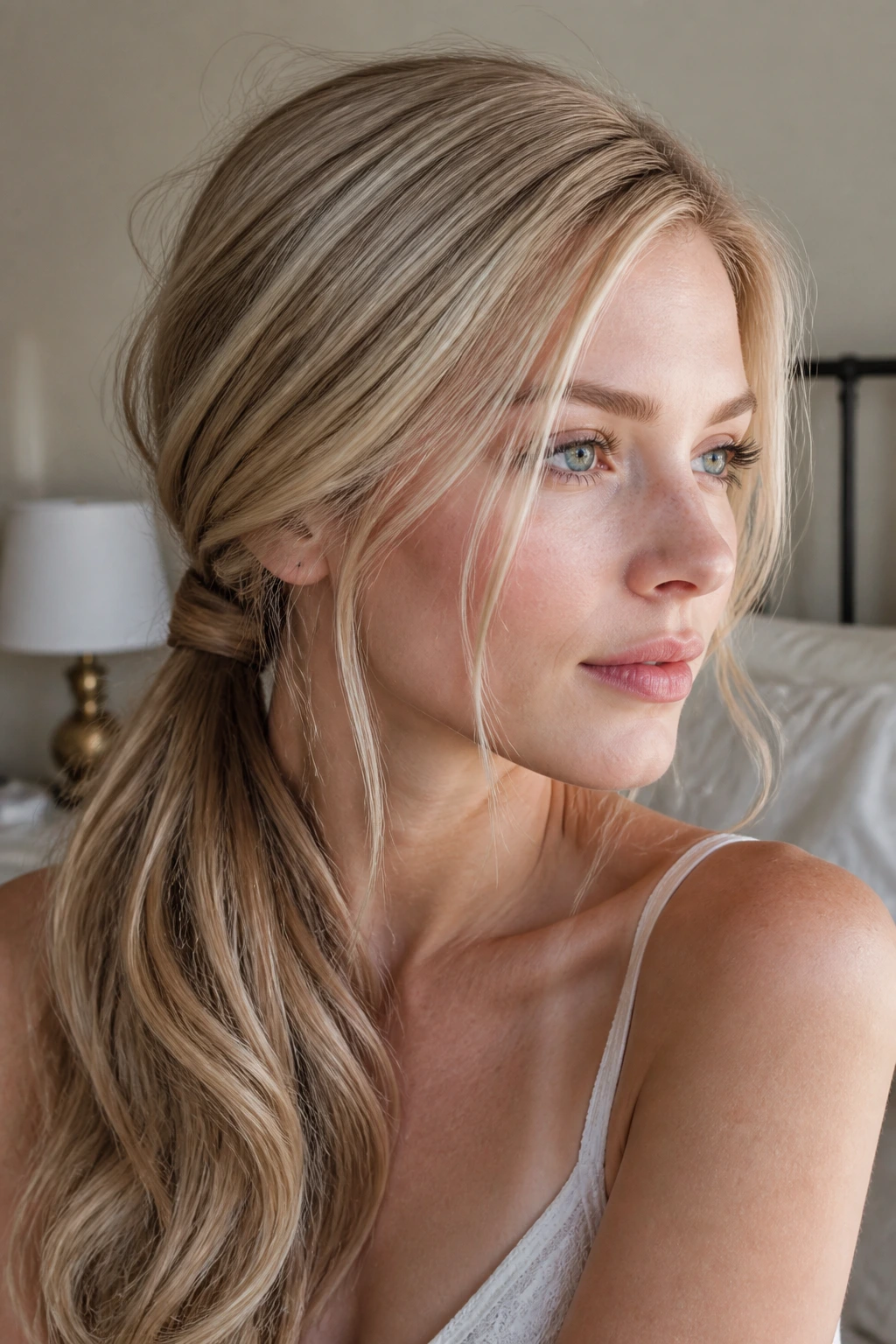 Close-up portrait of a real woman with a loose side ponytail in glossy beige blonde, soft window light in a cozy bedroom.