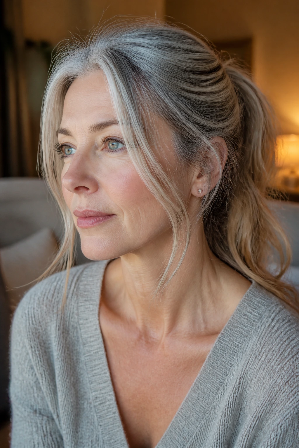 Close-up of a real woman with a loose ponytail and face-framing strands.