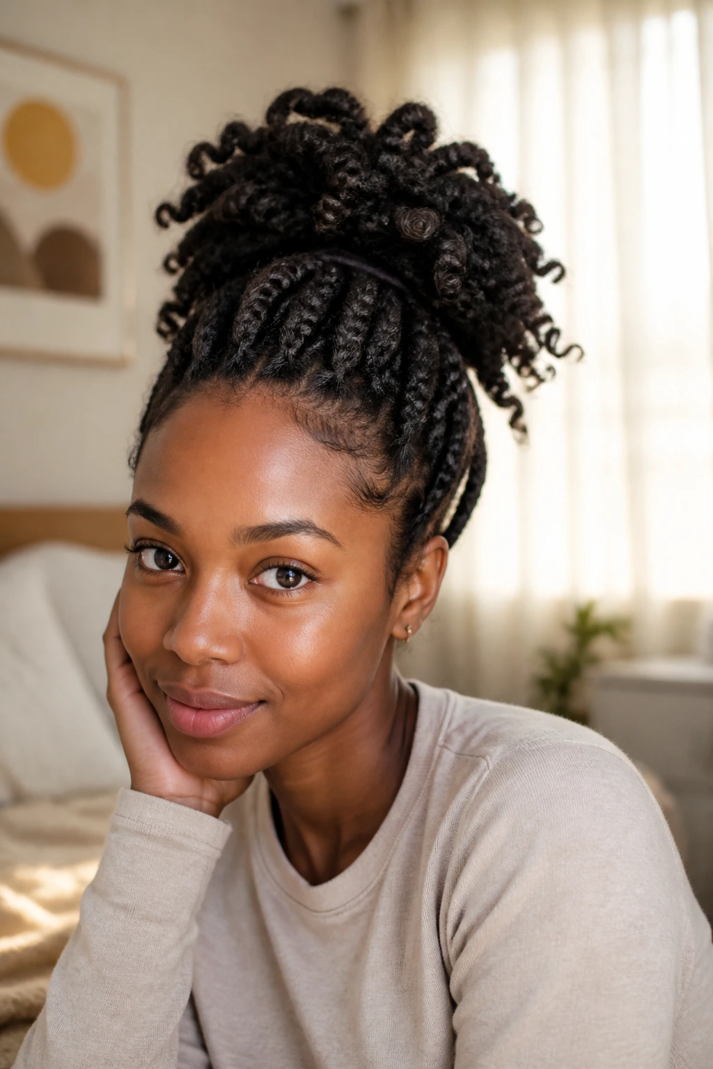 Close-up of a real woman with a loose puff twist bun