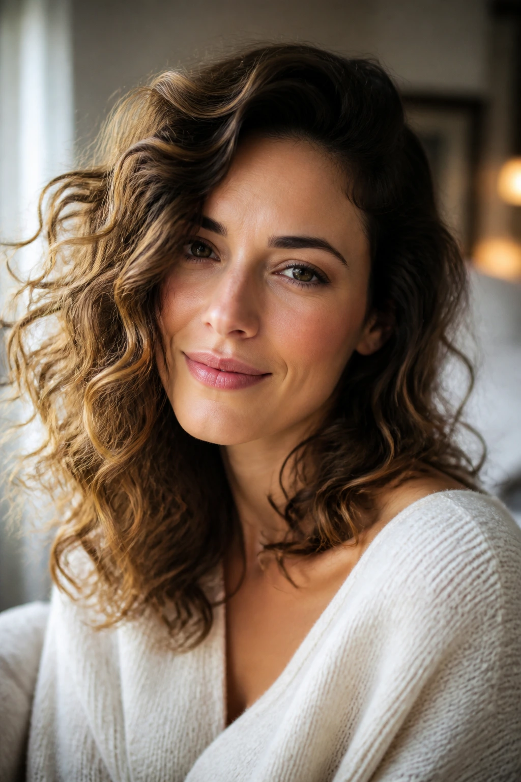 Close-up of a real woman's head showing loose romantic curls with side volume