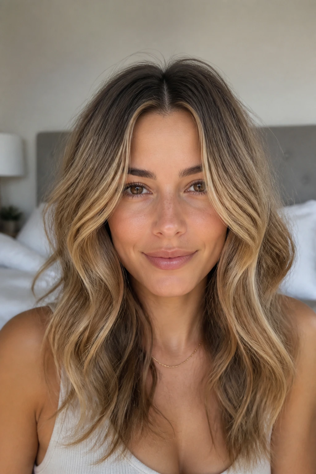 Close-up of a real woman with loose S-waves and a center part in a softly lit bedroom.