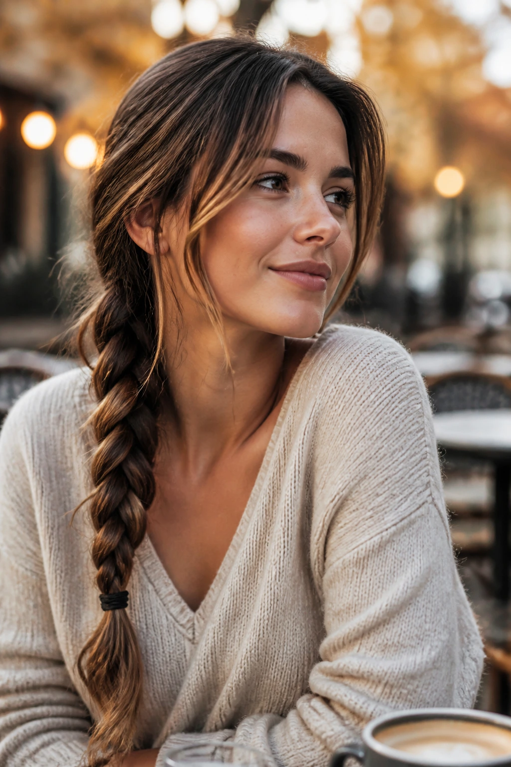 Close-up portrait of a real woman with a loose side braid over one shoulder