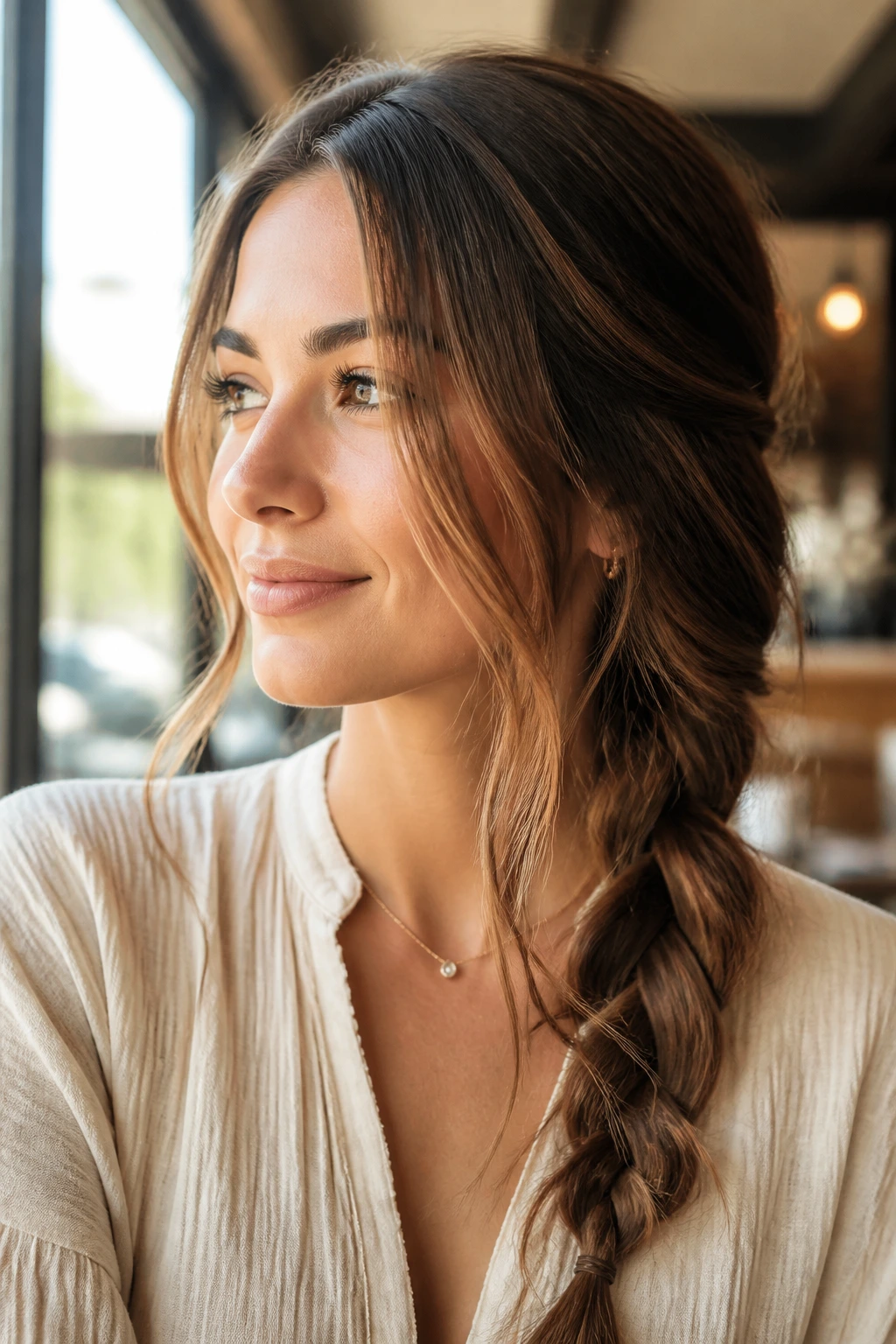 Real woman with a loose side braid and face-framing pieces