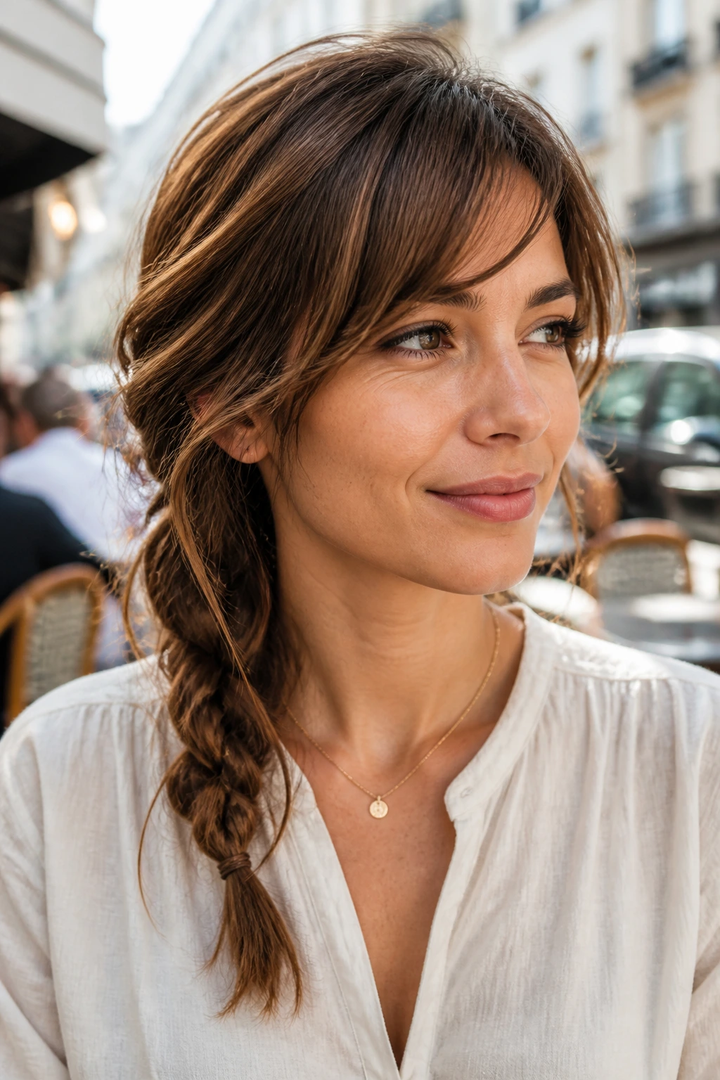 Portrait of a woman with a loose side braid at the collarbone.