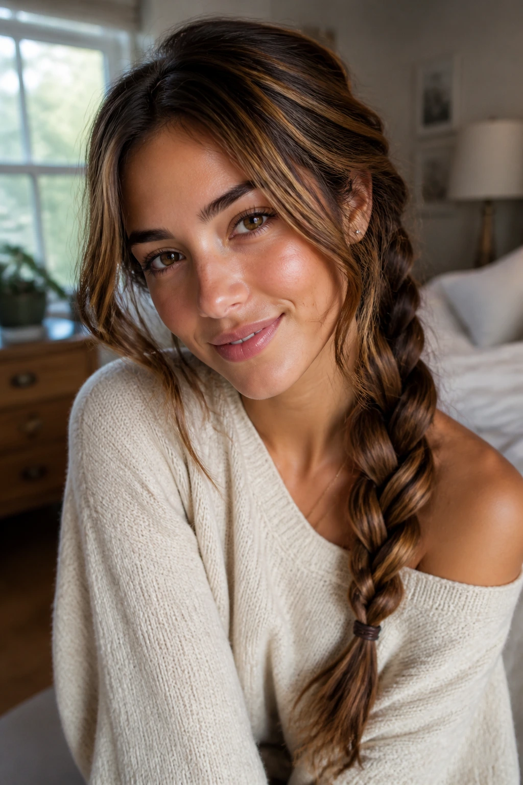 Close-up of a real woman with a loose side braid showing dimensional lowlights in natural window light
