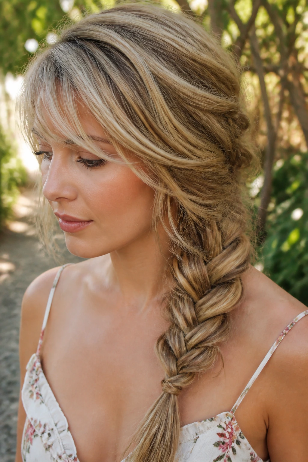 Real woman with a loose side braid that appears fuller, with side-swept bangs