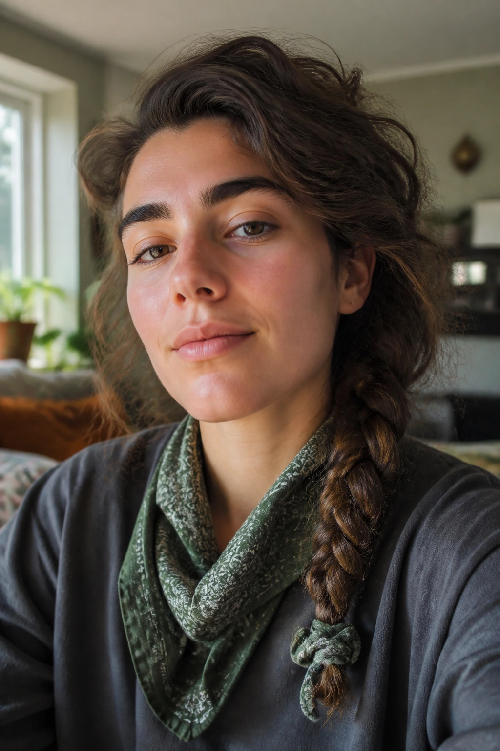 Close-up of a real person with a loose side braid tucked end