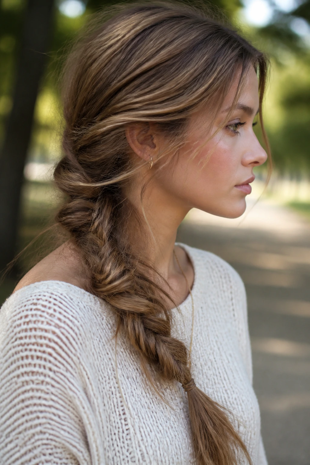 Side-profile of a real girl with a loose side braid outdoors in daylight