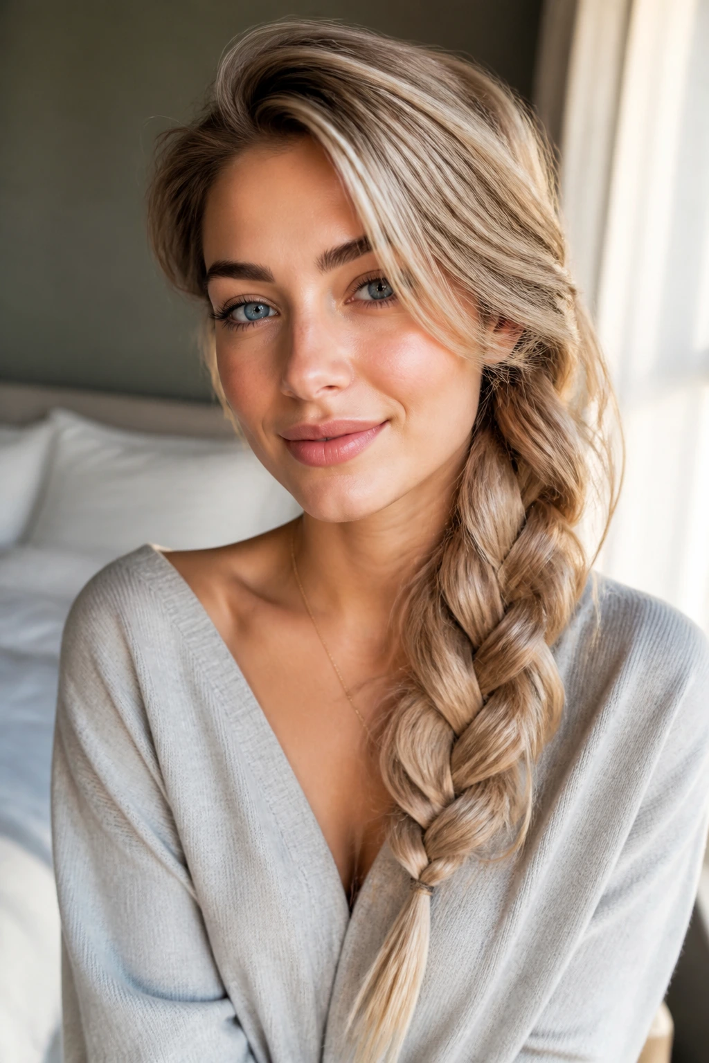 Close-up of a woman with a loose side braid over her shoulder in warm morning light