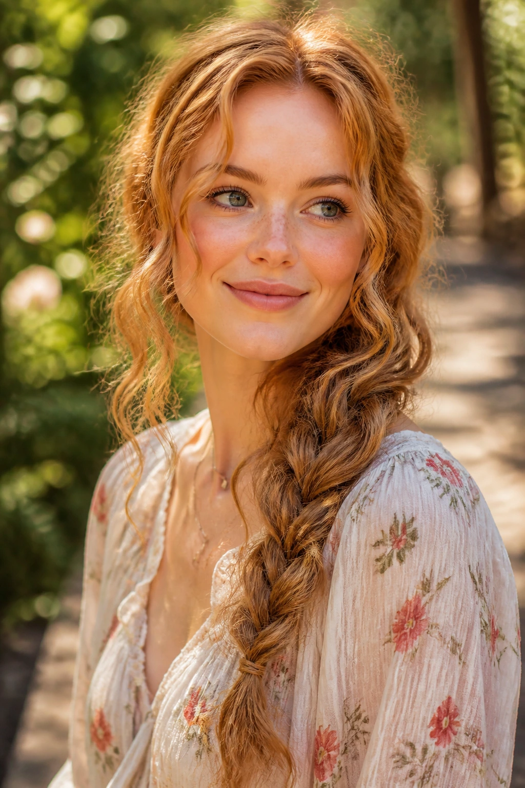 Close-up of a real woman with a loose side braid and strawberry-blonde curls outdoors at golden hour