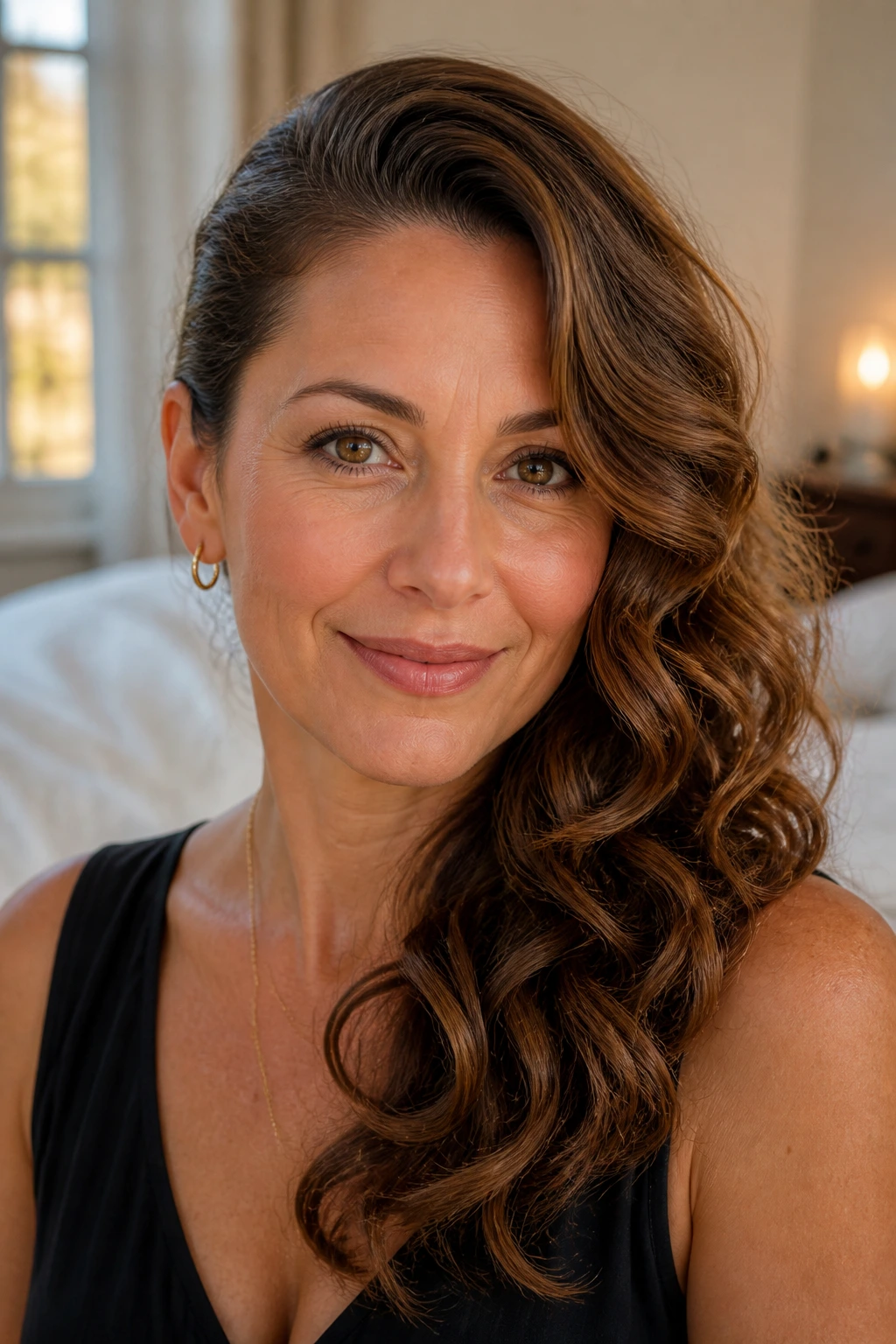 Close-up of a real woman with loose side-swept glam waves over one shoulder in warm window light