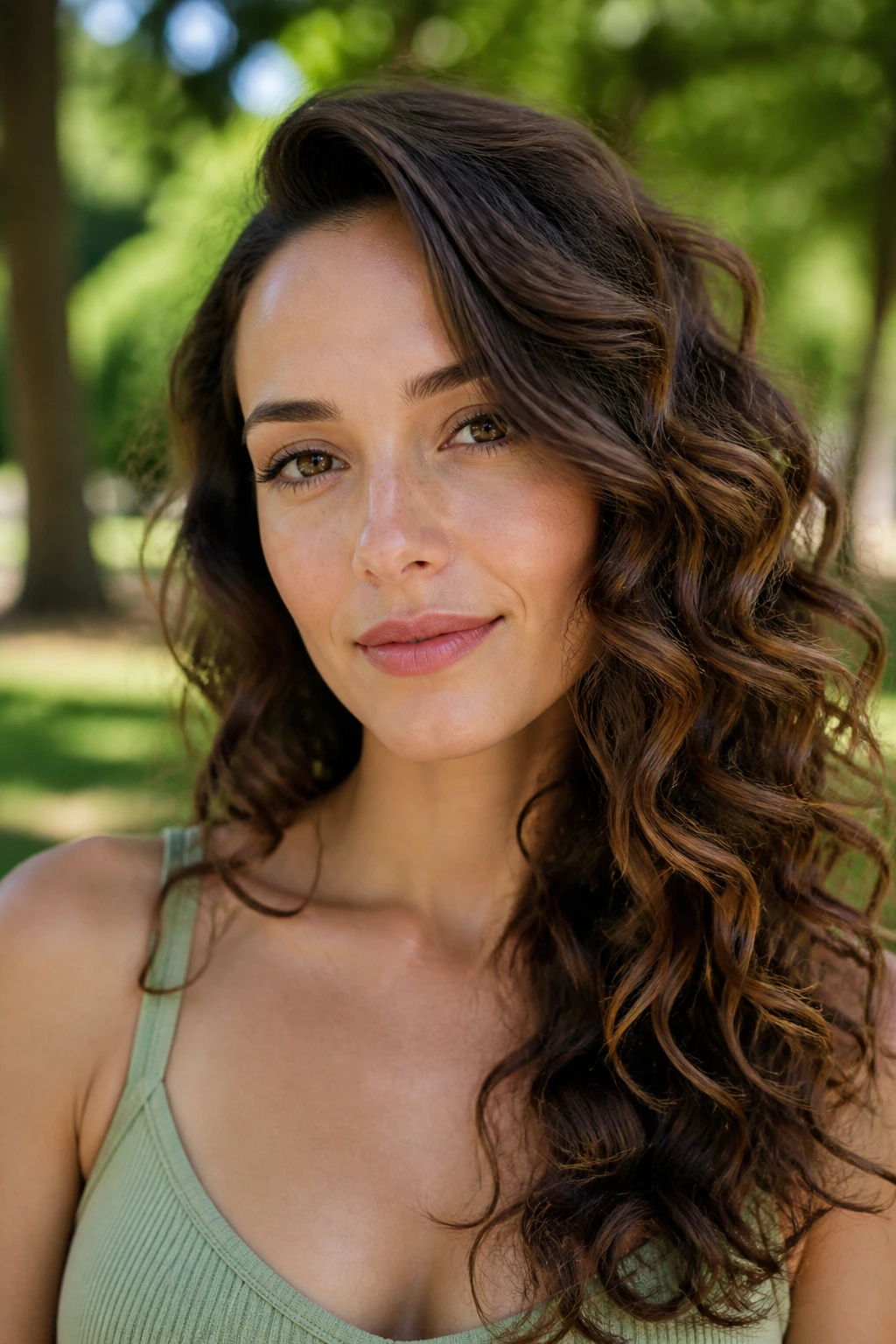 Real woman with loose spiral curls and side sweep, portrait in natural light.