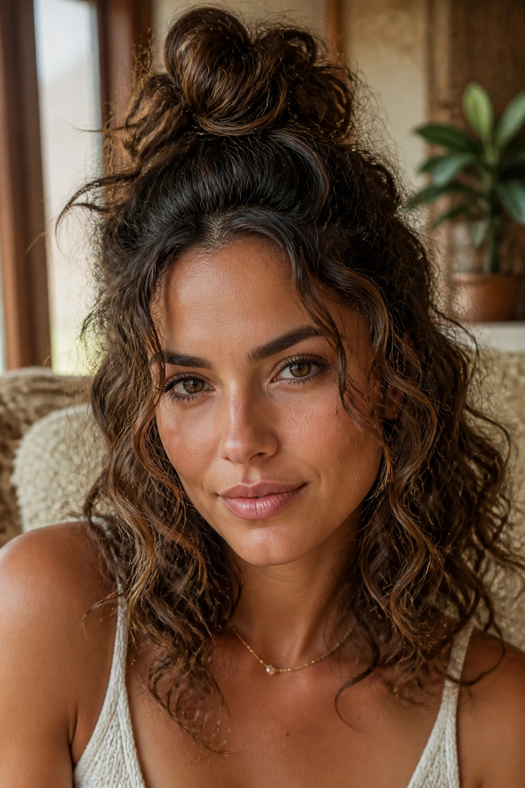 Real woman portrait with a loose top knot and sides down framing the face, curly textures visible