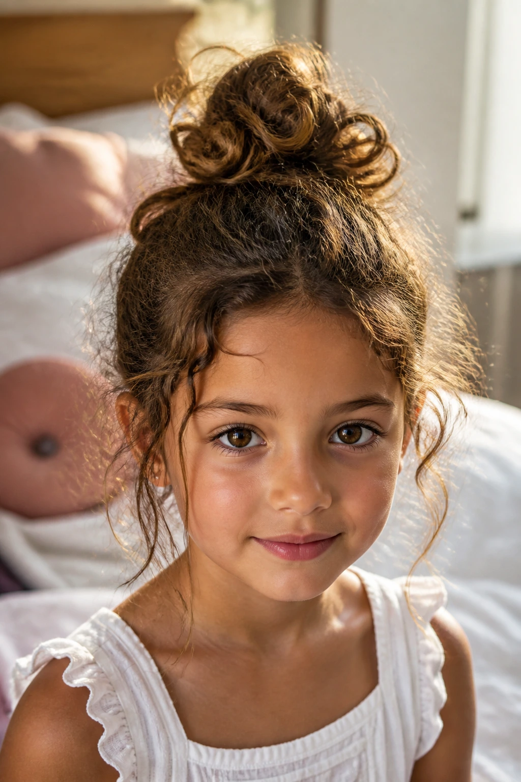 Close-up of a girl with a loose top knot and surrounding curls