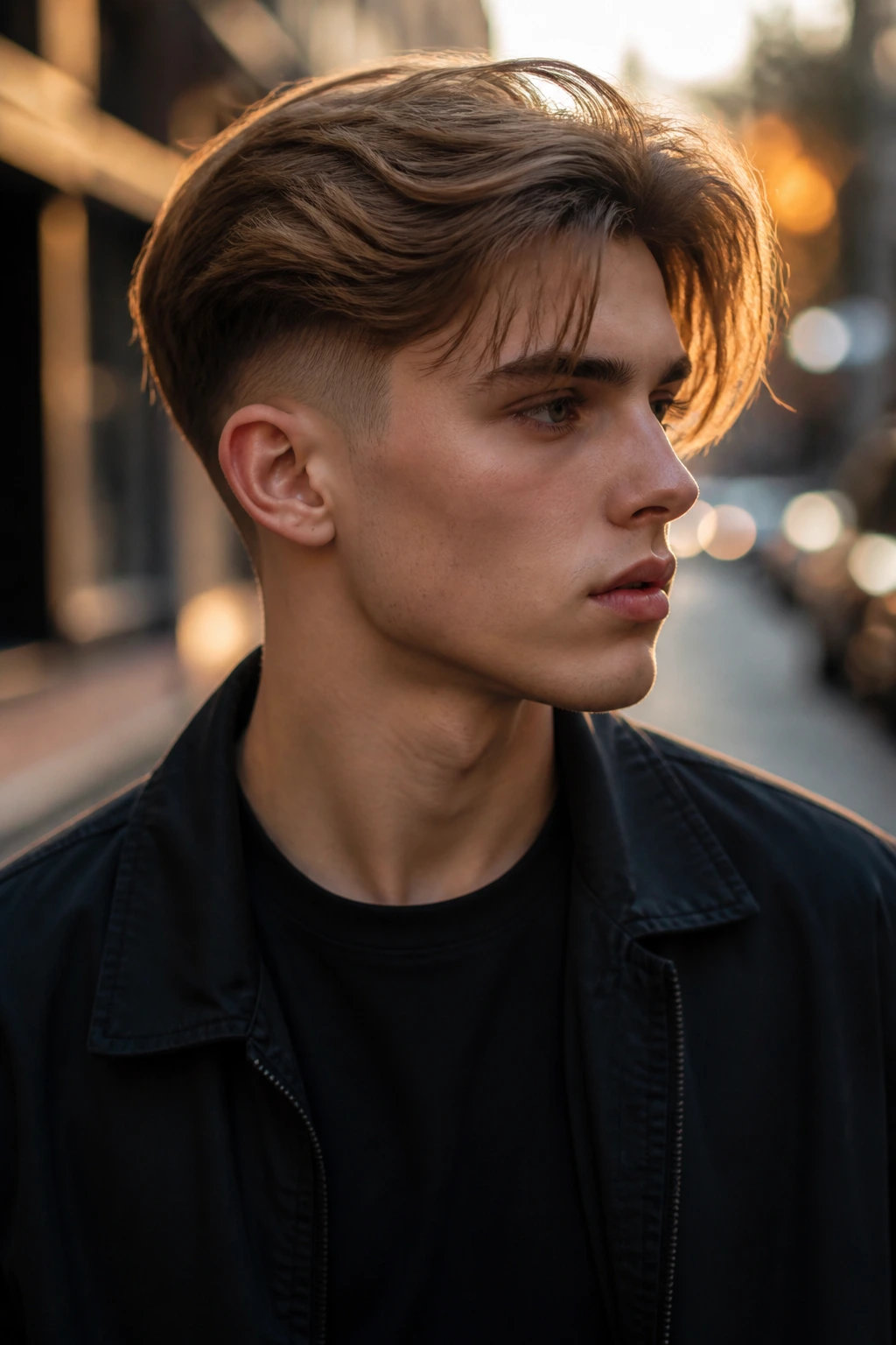 Boy with loose undercut and flowing top, urban street setting.