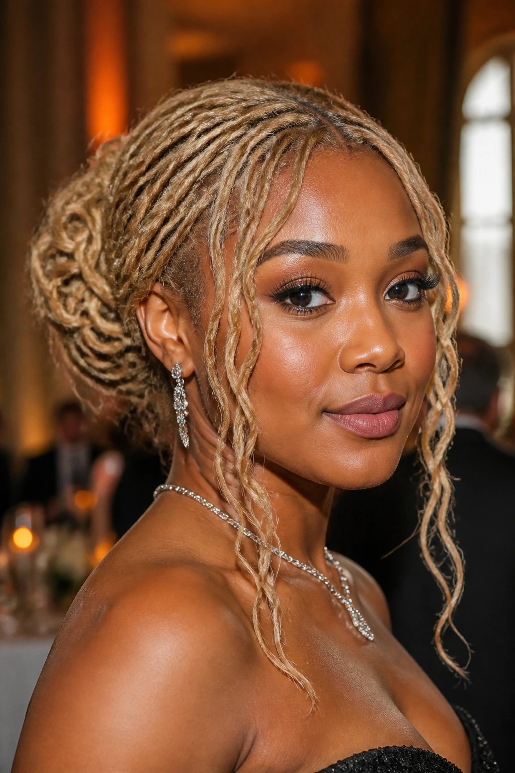 Real Black woman with blonde locs in a loose updo face-framing pieces