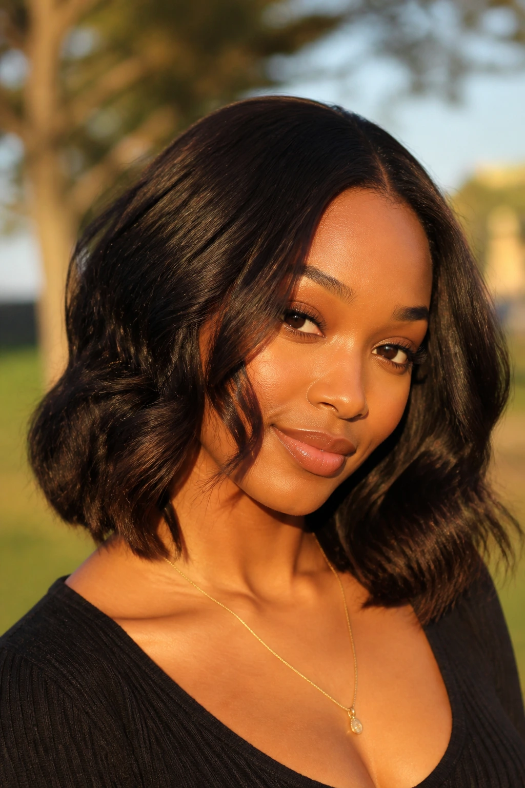 Portrait of a real Black woman with a loose wand-curled lob showing soft, large waves.