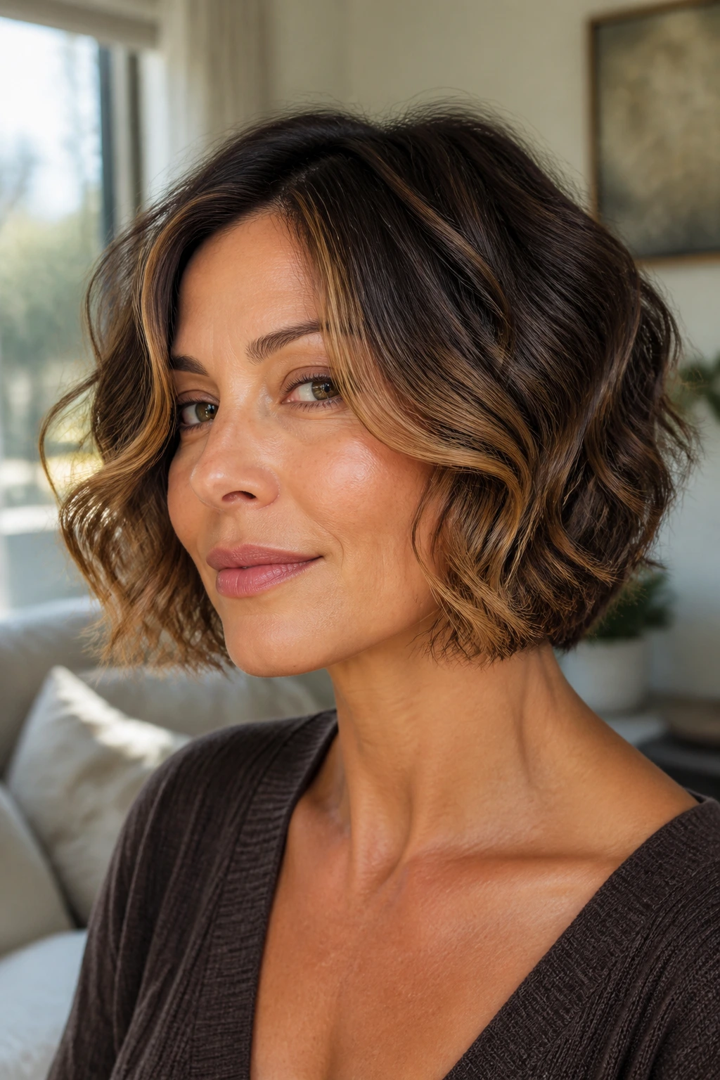 Close-up of a real woman with a loose-wave bob and caramel ribbons framing her face.