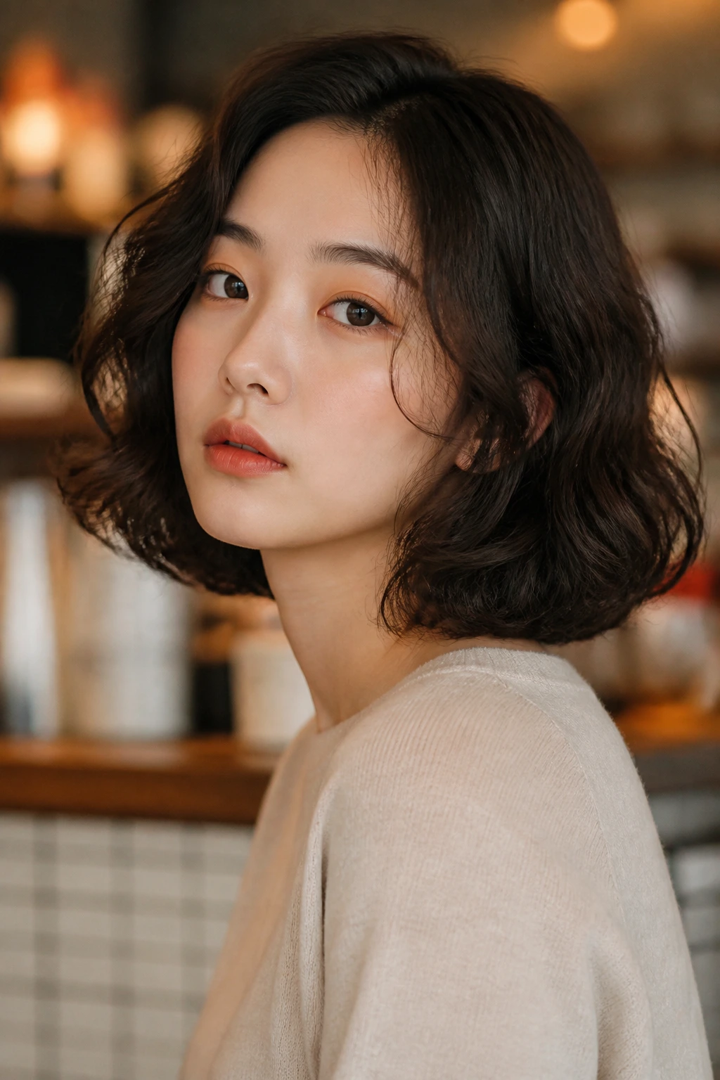 Portrait of a person with loose-wave Korean bob