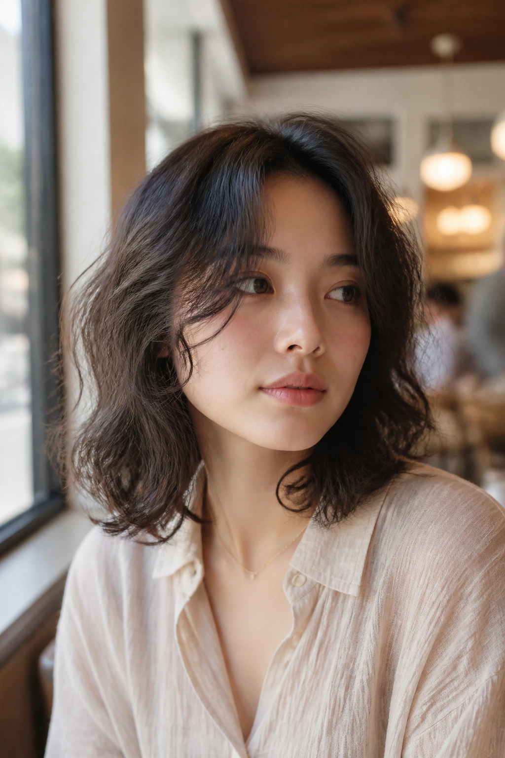 Close-up portrait of a real woman with loose-wave layers for 2C texture.