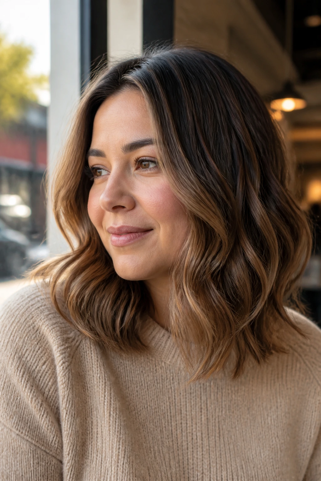 Portrait of woman with loose wave lob, soft waves below cheekbone framing her face.