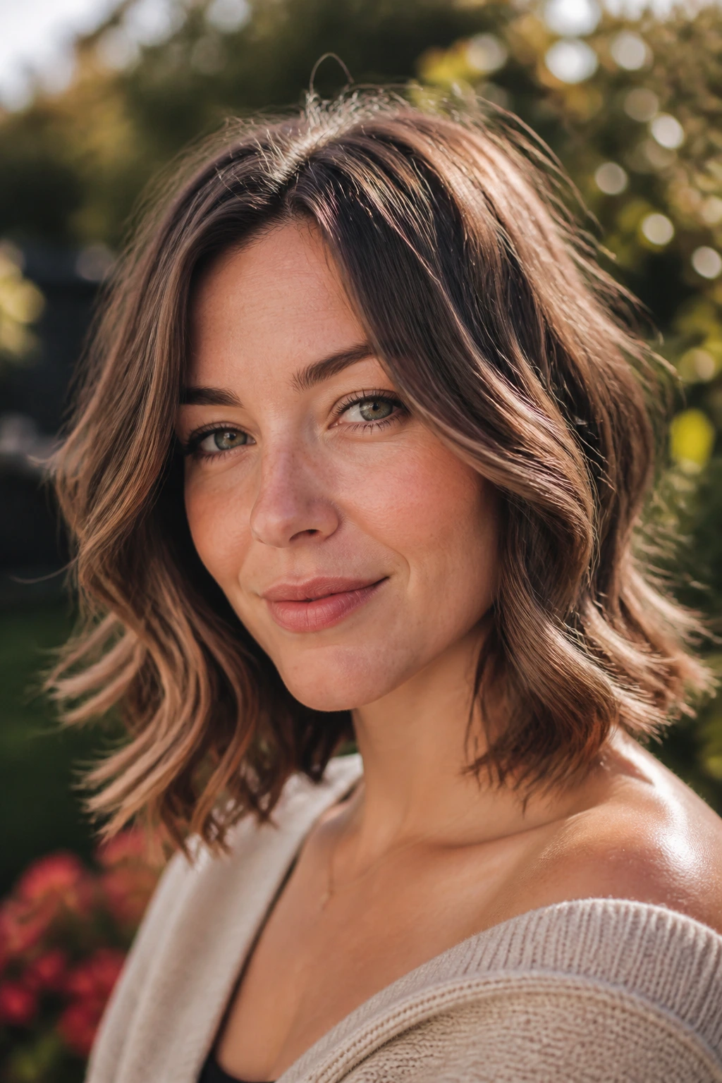 Close-up portrait of a person with loose wave lob and S-curves.