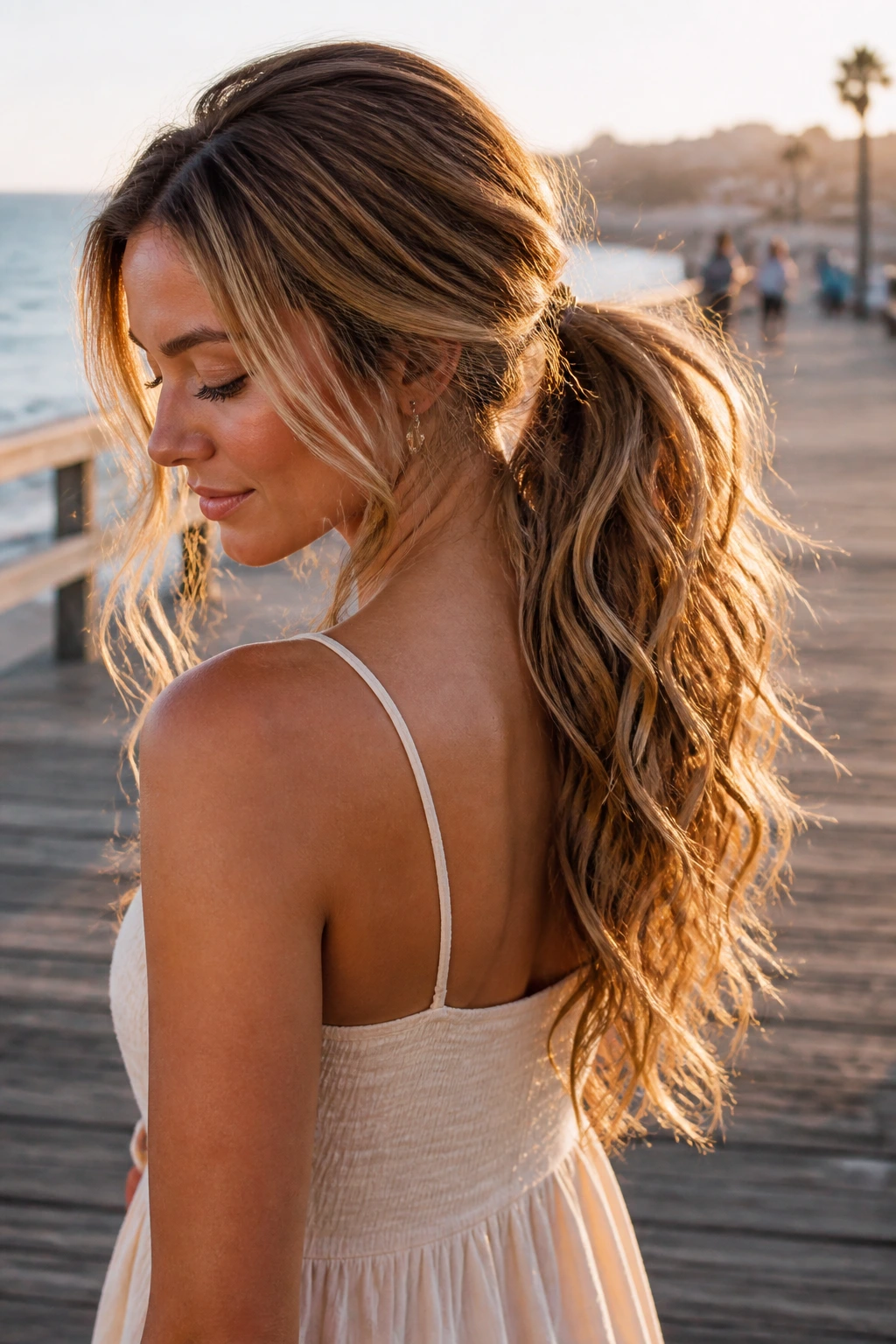 Portrait of a real woman with a loose wave ponytail in golden-hour outdoor light.
