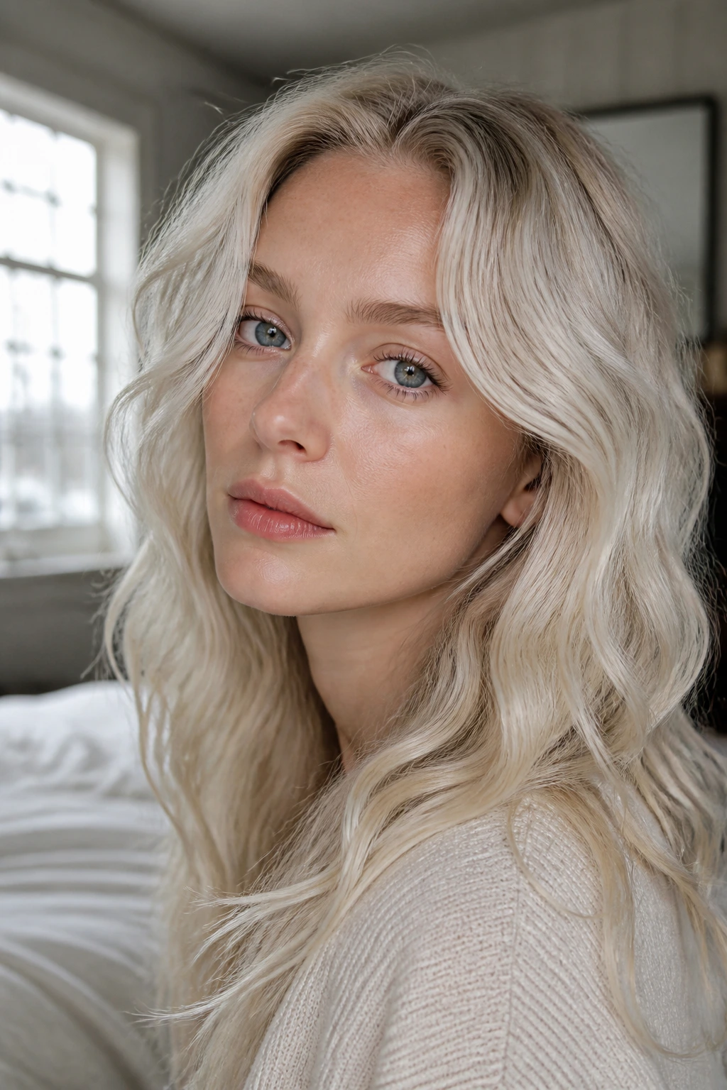 Close-up of a person with loose arctic blonde waves framing the face