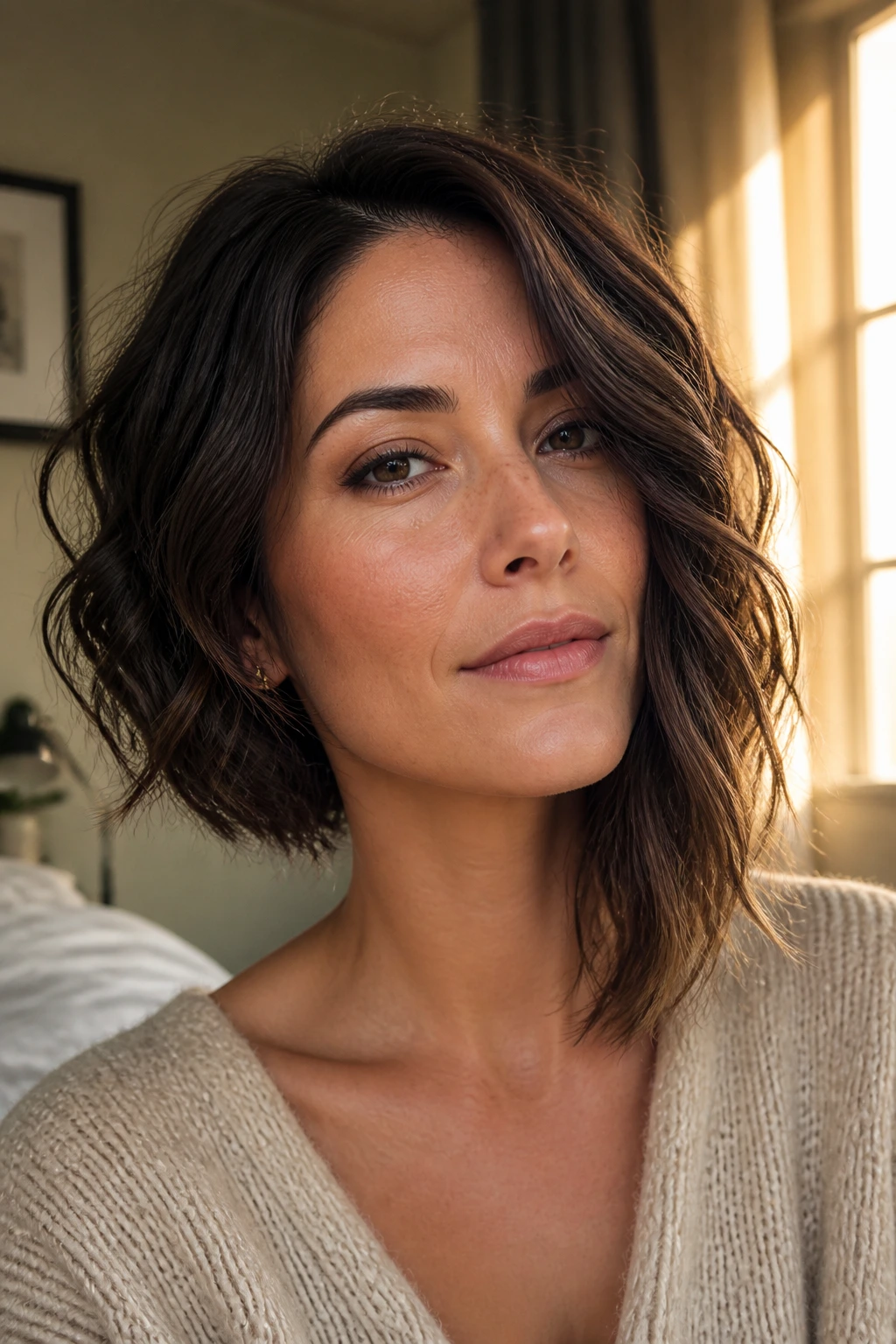 Close-up of a woman with loose waves in an asymmetrical bob