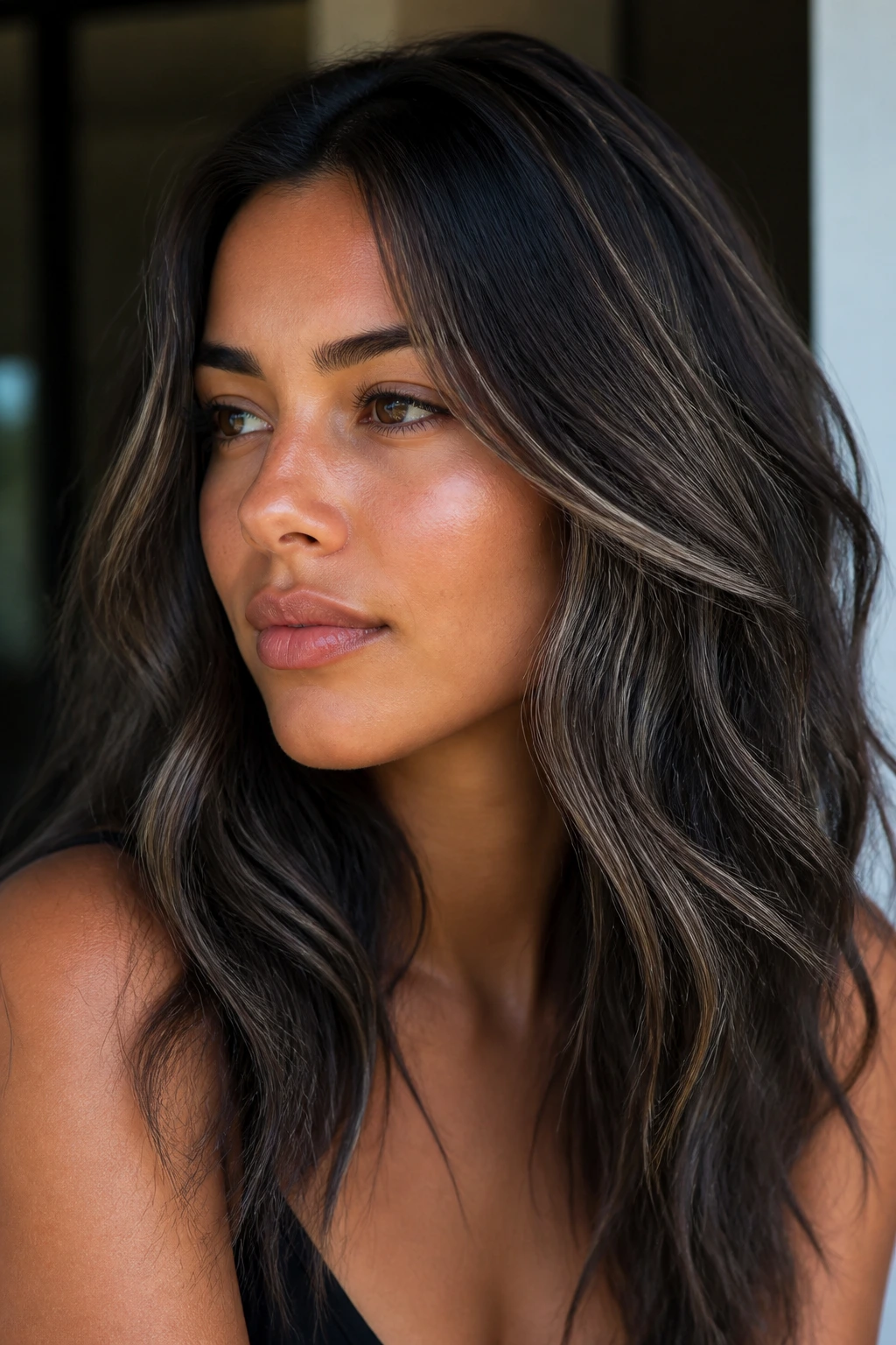 Loose waves with charcoal ribbons on tan skin.