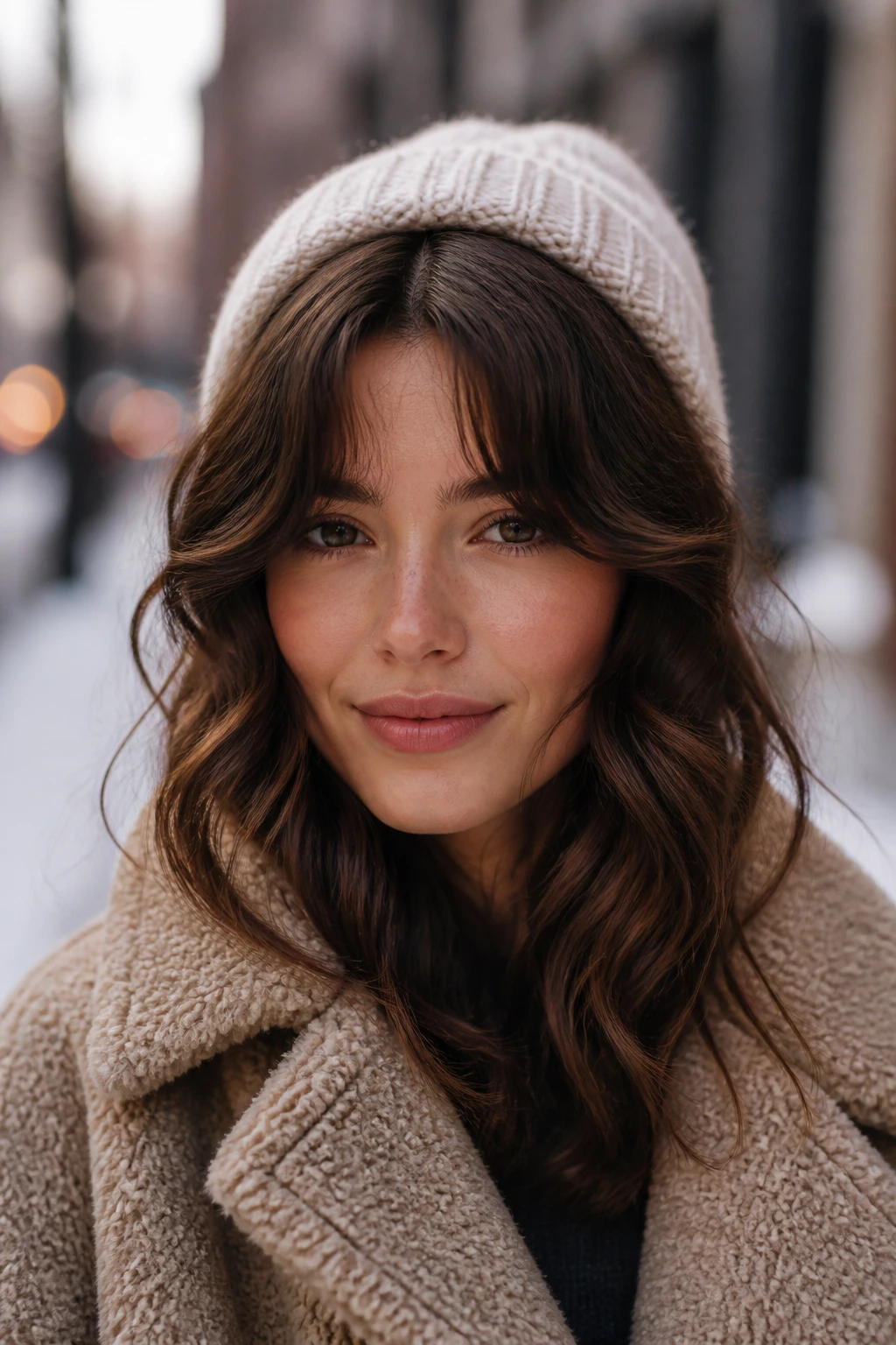 Portrait of person with beanie and loose waves around curtain bangs