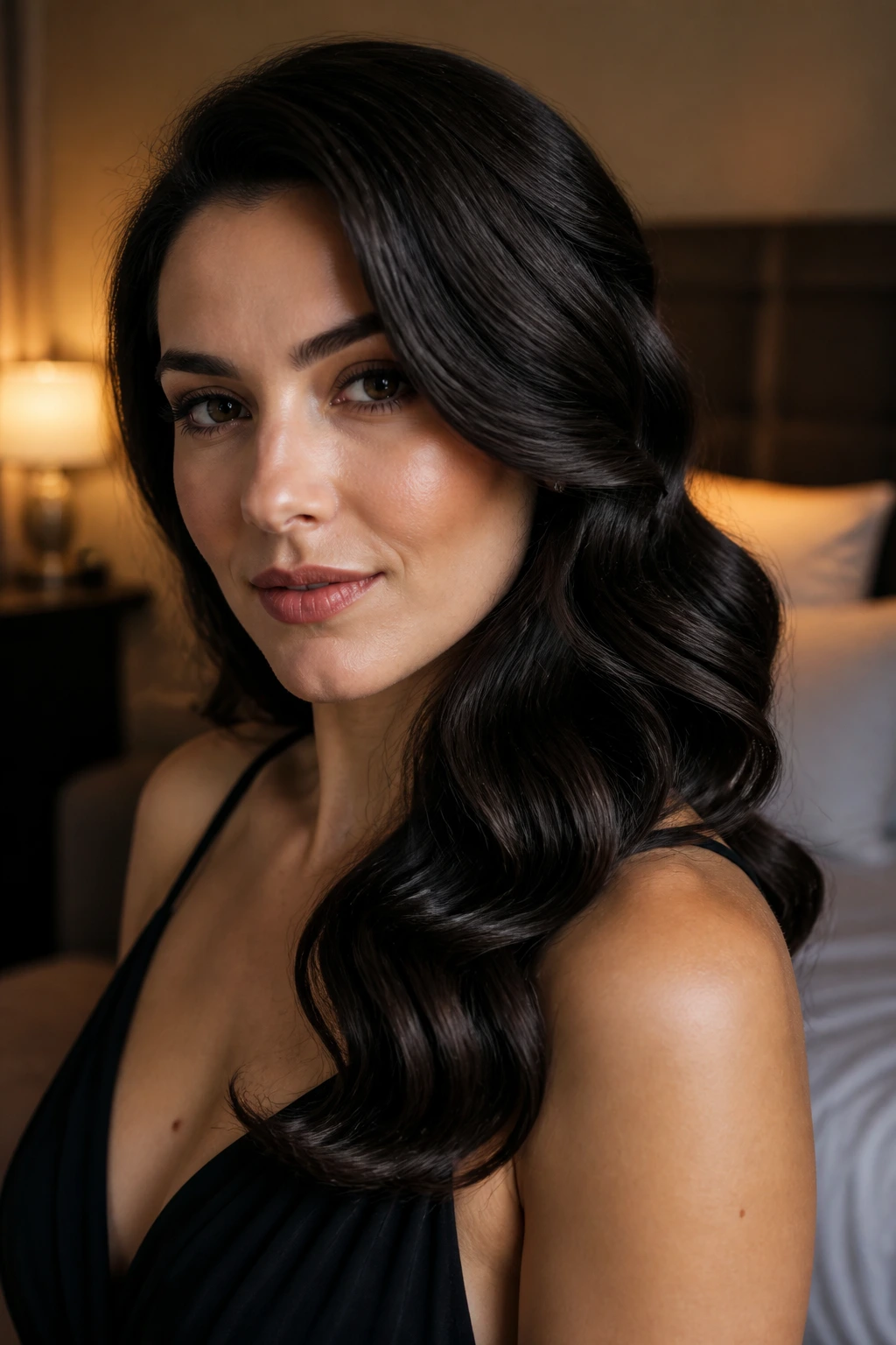 Close-up of a woman with loose Hollywood waves over one shoulder in warm light