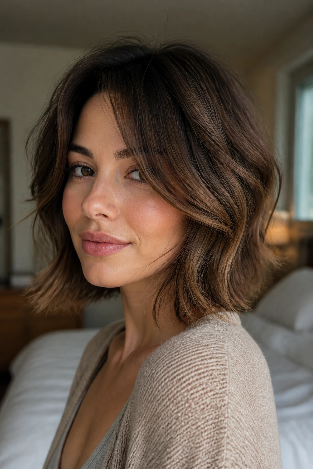 Close-up of a real woman with jawline-skimming loose wave layers in warm window light.