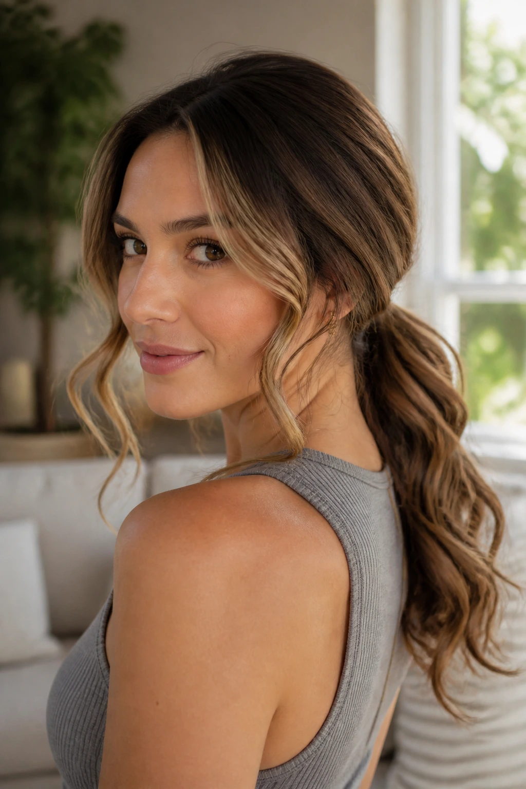 Close-up of a real woman with loose waves and a low ponytail showing face-framing highlights