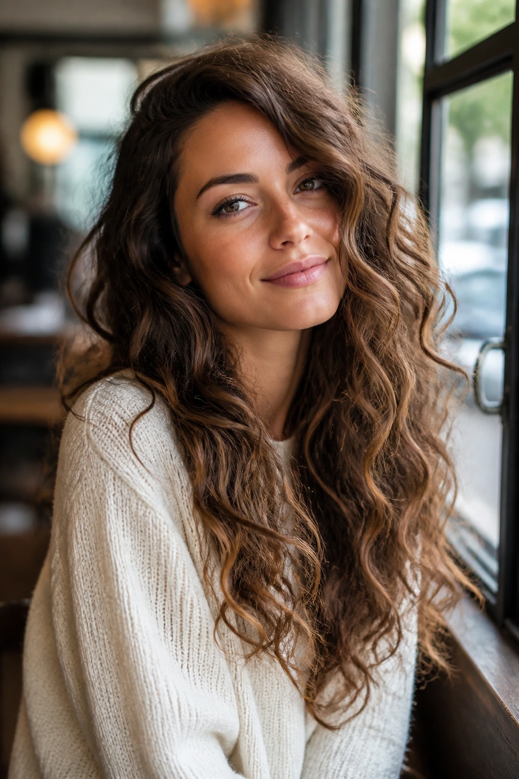 Close-up of long curly hair styled in loose waves