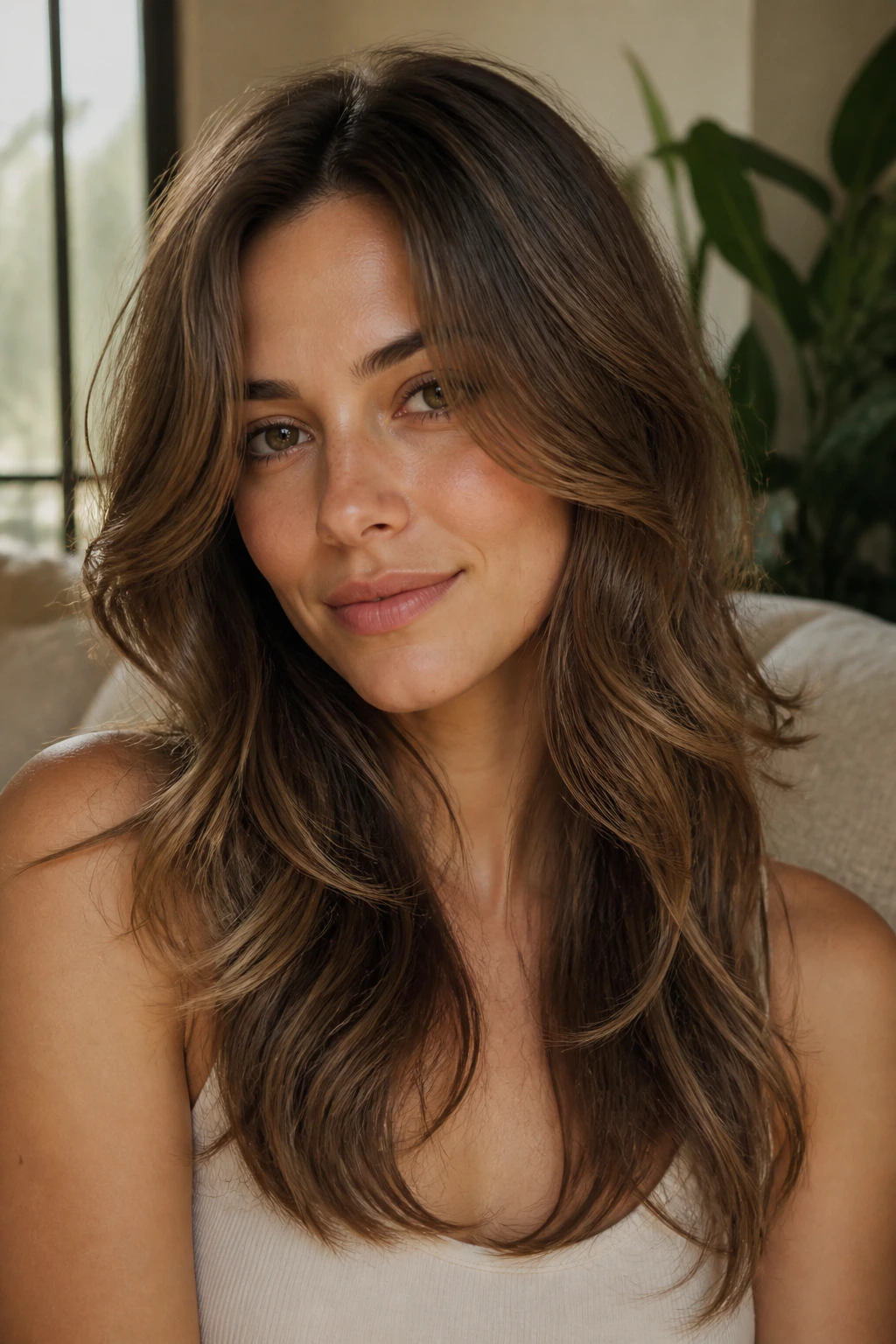 Close-up of a woman with loose waves and feathered razor-soft layers around the jaw