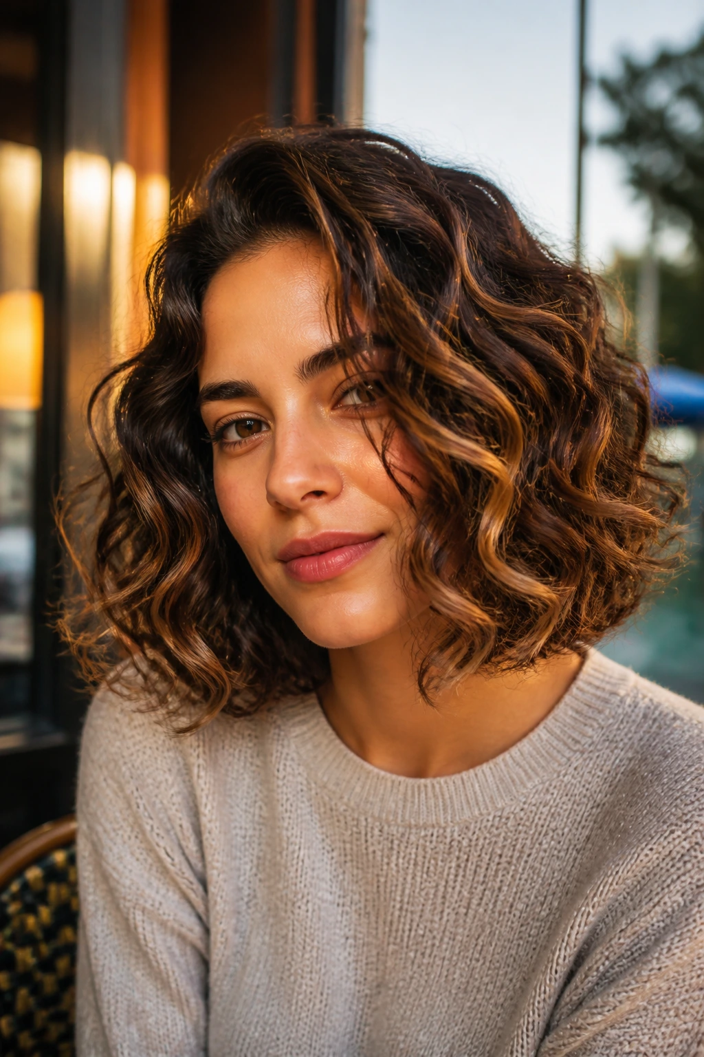 Brunette with curly bob loose waves and ribbon highlights in golden hour light