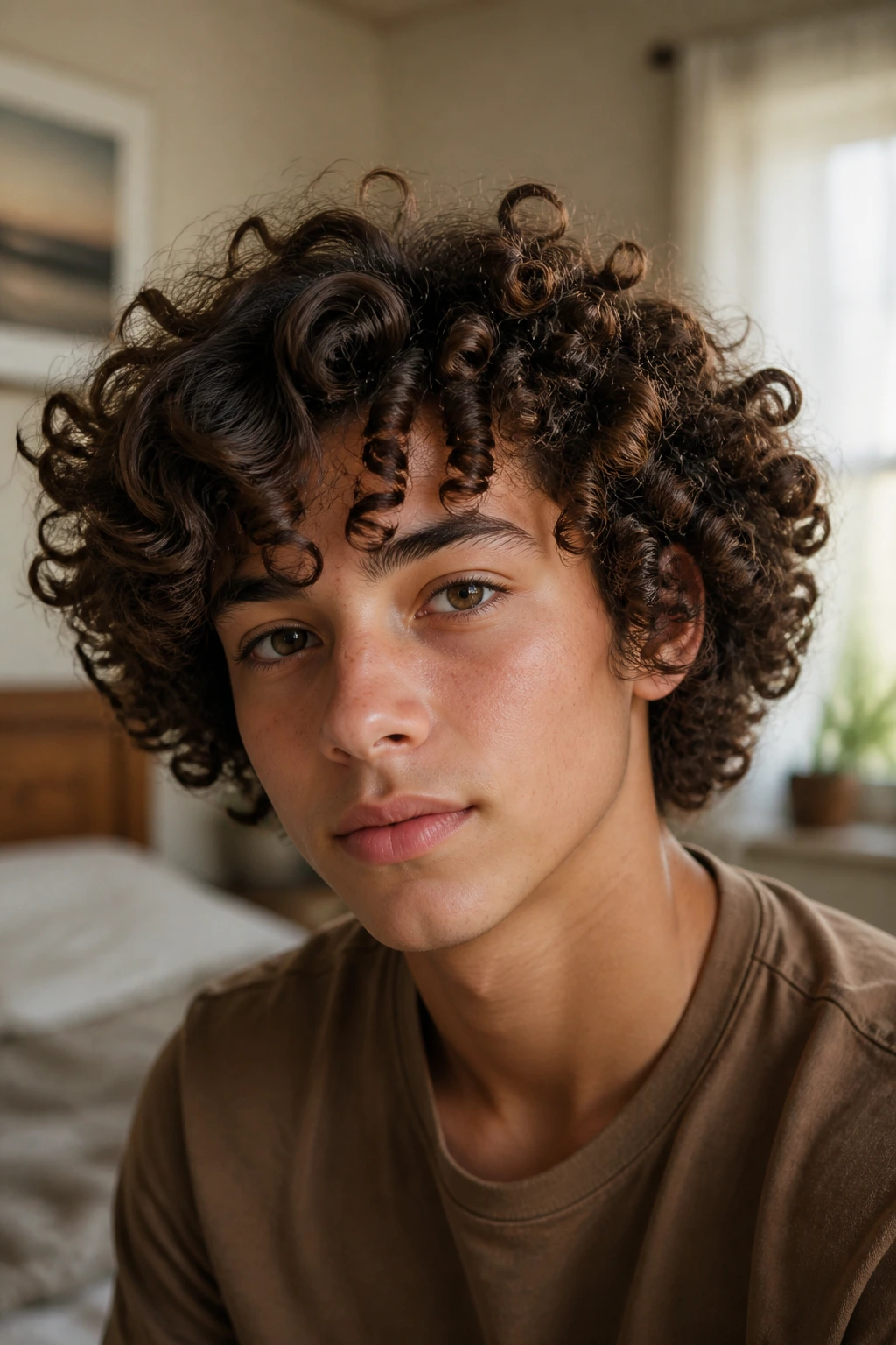 Close-up portrait of a real person showing loose waves, ringlets, and coils in natural light