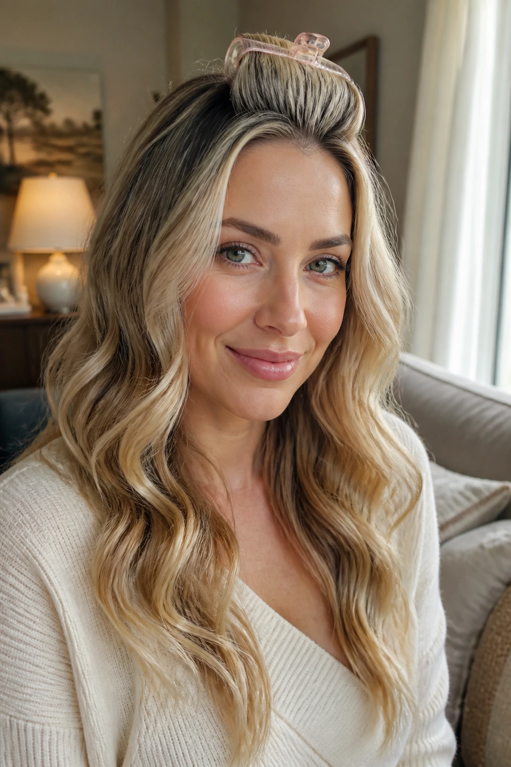Close-up of a real woman's loose waves with a crown root clip lifting the roots