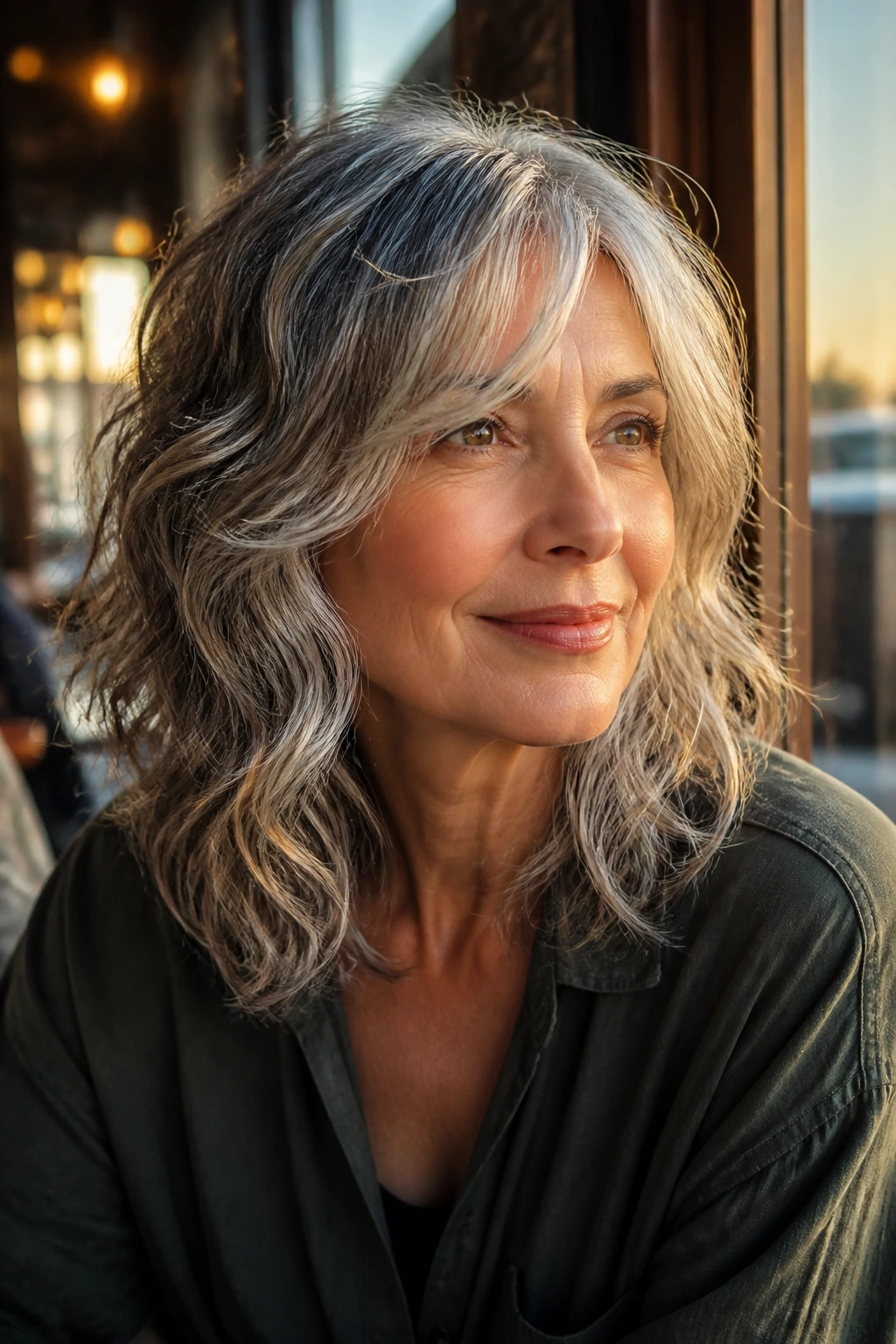 Real woman with loose wavy shag and soft layers close-up; waves frame the face