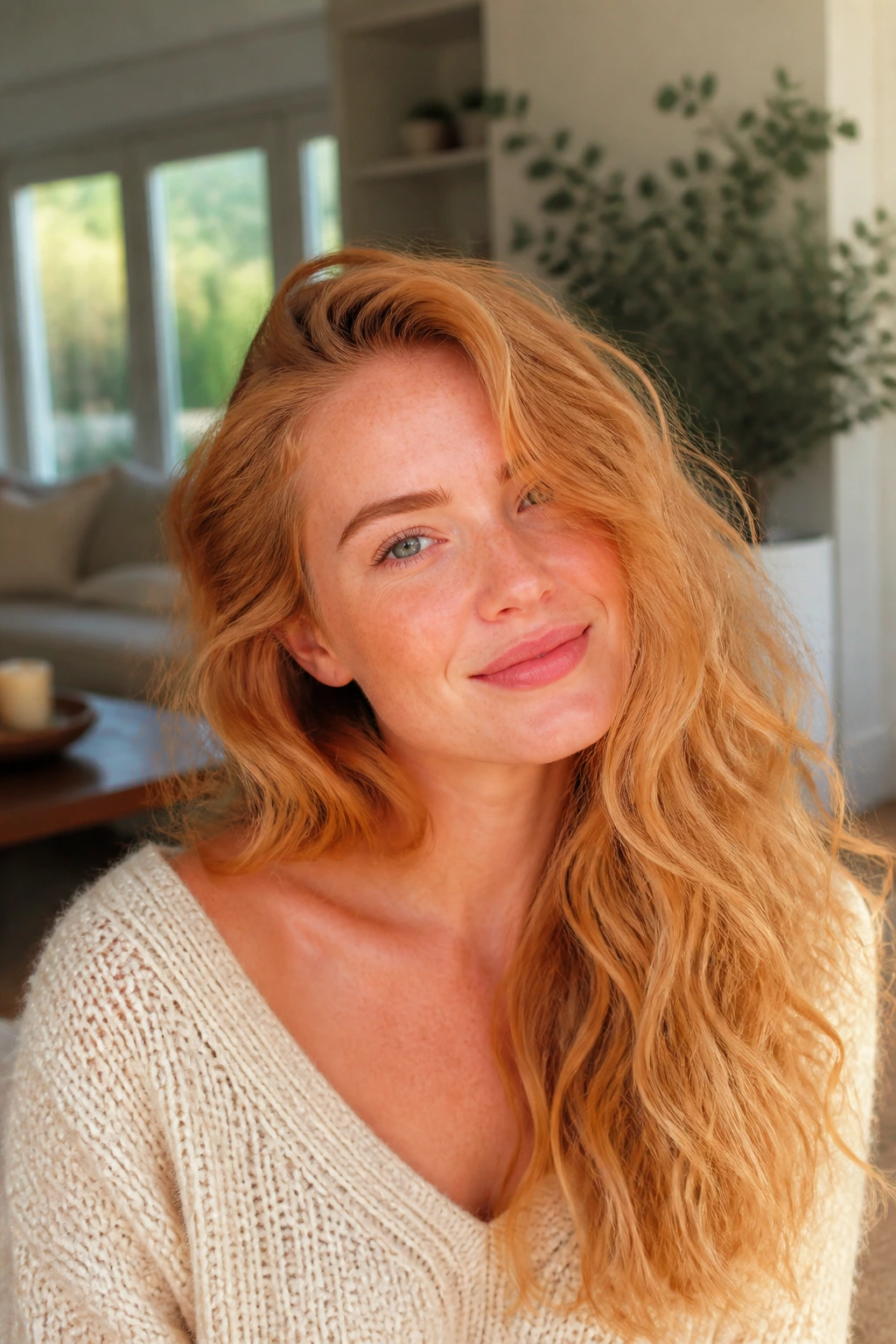 Portrait of a person with looser strawberry-blonde waves
