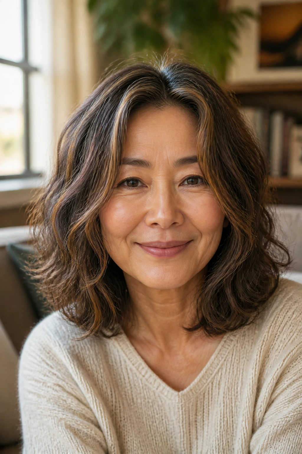 Close-up portrait of a real woman with a loose wave long bob in warm natural light