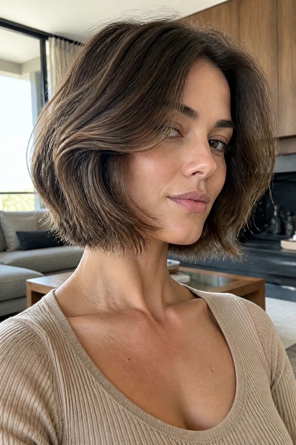 Portrait of a real person with a low-25° layered cut showing cheekbone lift