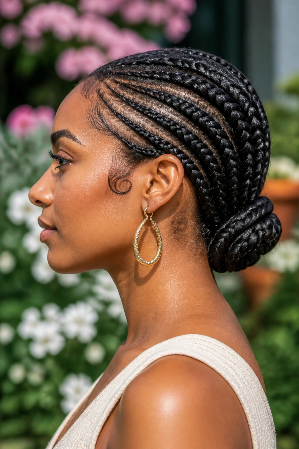 Side profile of braided updo with low anchor at nape balancing heart-shaped face