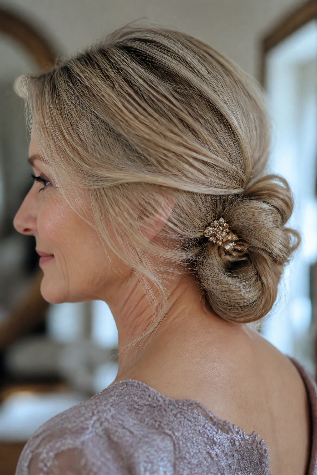 Close-up of real woman with low asymmetrical knot at nape