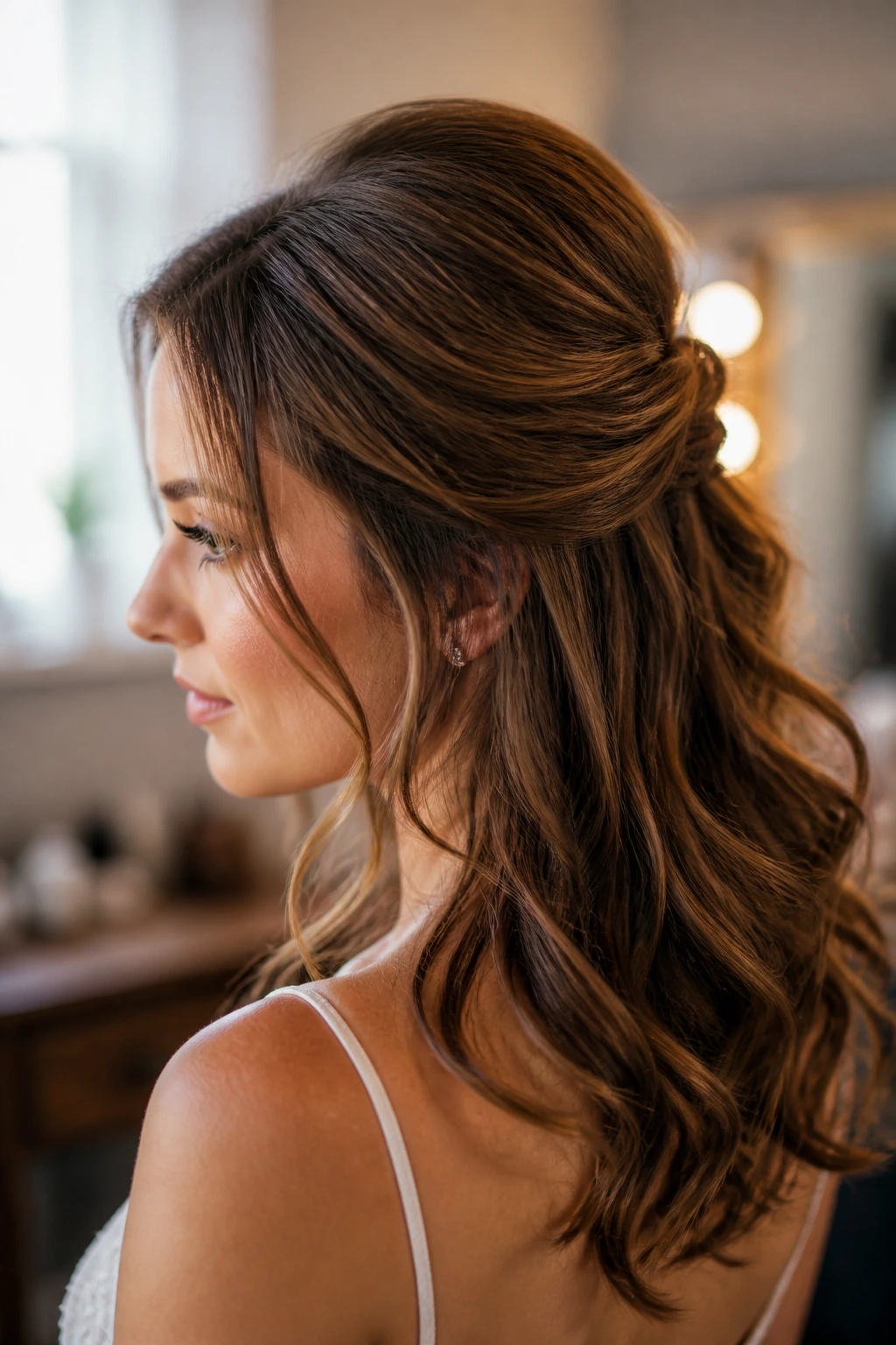 Close-up of a real woman's head with a low bouffant half-up hairstyle